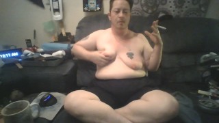 Chubby FTM Trans Guy Sits And Plays With Tits, Burns Nipples, and Stretches Udders – BDSM Solo
