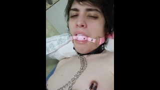 Ballgagged trans girl masturbates