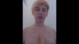 Non-binary sissy slut sucks giant dildo and plays with her tits